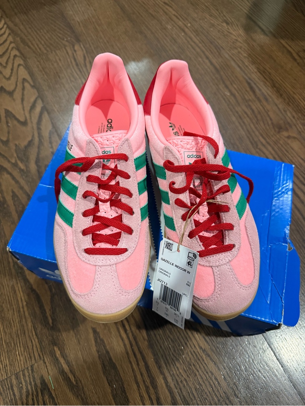 adidas Pink Gazelle Indoor Sneakers with Green Stripes and Red Laces